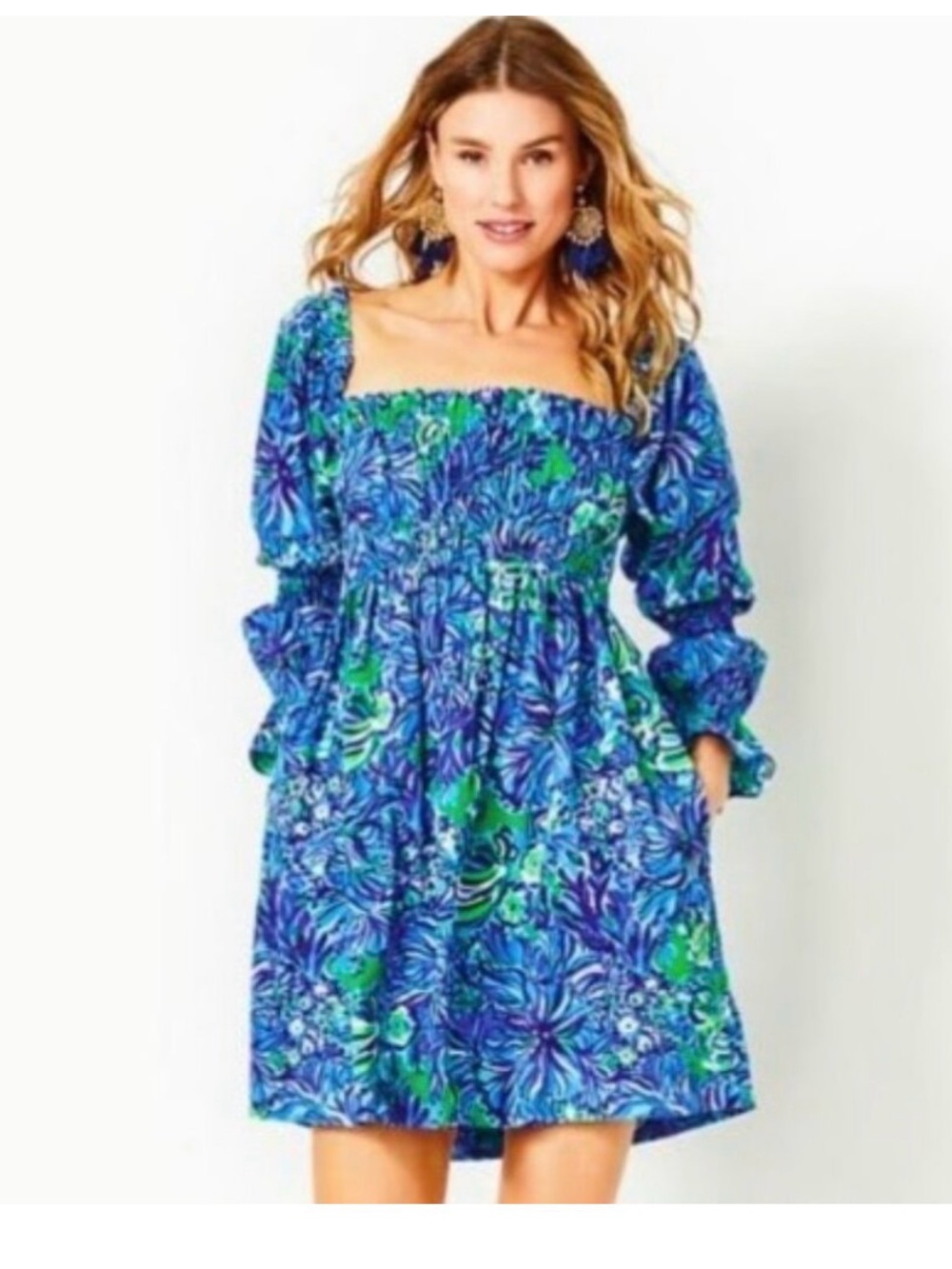Lilly Pulitzer Blue, Green & White Floral Smocked Dress